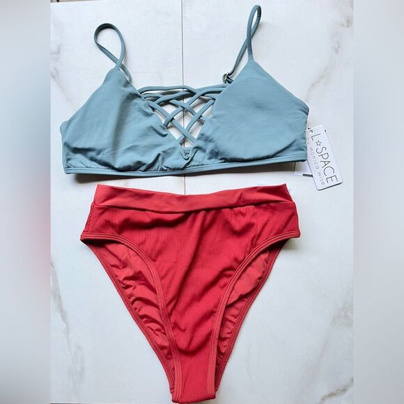 Nwt l*space Jamie blue top frenchie bottom bitsy high waist red - Picture 1 of 3